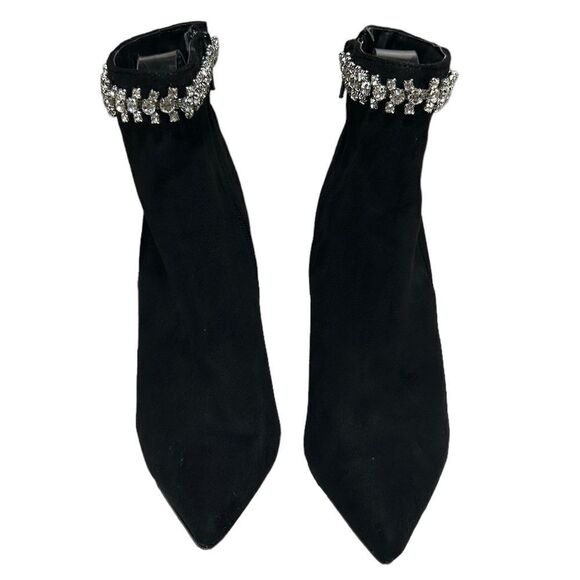 Express Black Faux Suede Ankle Booties Heeled Boots Gemstone Top Pointed Toe - Picture 2 of 9
